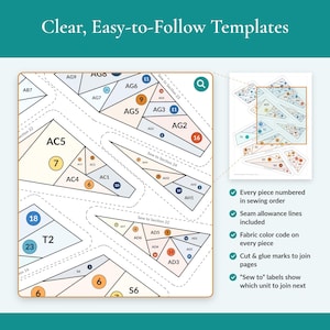 May include: A sewing template featuring numbered geometric shapes with fabric color codes, seam allowance lines, and 'Sew to' labels. The text 'Clear, Easy-to-Follow Templates' appears at the top, with bullet points detailing features.