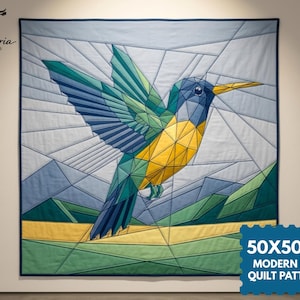May include: A square quilt featuring a geometric hummingbird design in shades of blue, green, and yellow. The pattern includes angular lines and a dark blue border. Text on the image reads 50X50 IN MODERN FPP QUILT PATTERN and Floweria Studio.