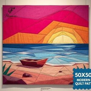 Puede incluir: Un tapiz de tela cuadrado con un paisaje geométrico de una playa al atardecer con un pequeño bote sobre la arena. La escena incluye un cielo rosa y naranja, un océano azul y una playa color canela. Texto Floweria Studio y 50X50 IN.