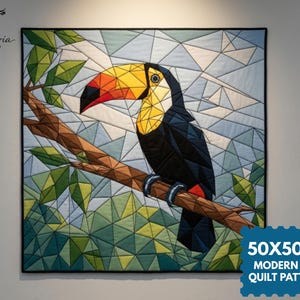 May include: A square quilt featuring a geometric toucan perched on a branch, constructed from triangular fabric pieces in shades of yellow, orange, black, blue, and green. The text 50X50 IN MODERN FPP QUILT PATTERN is visible in the corner.