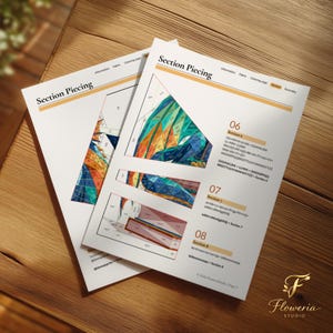 May include: Two white paper sheets titled Section Piecing featuring geometric diagrams with multicolored segments labeled with letters. The pages include instructions for sections 06, 07, and 08, with text detailing fabric requirements and assembly steps.