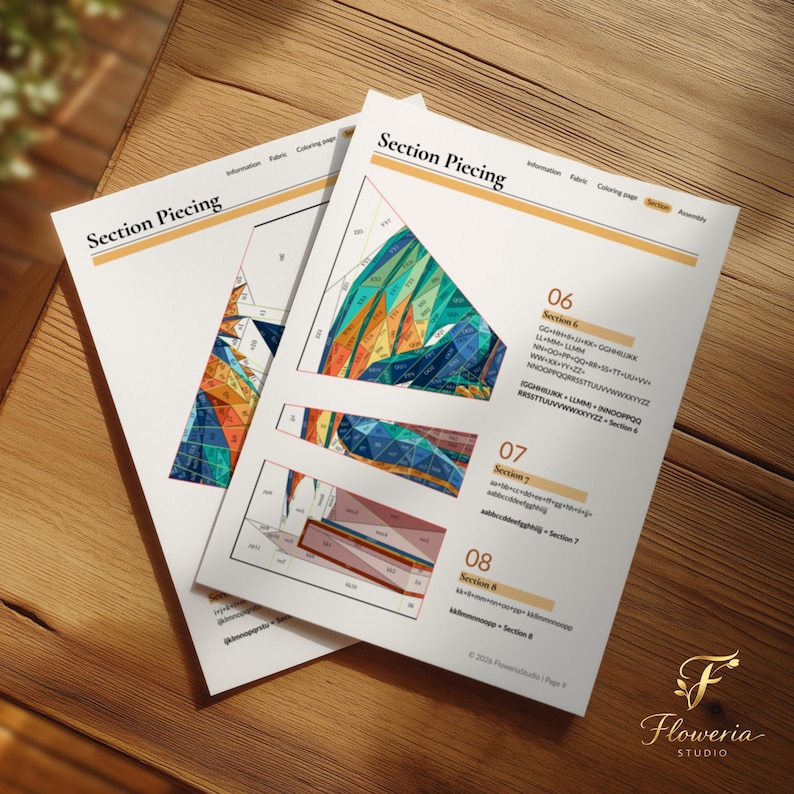 May include: Two white paper sheets titled Section Piecing featuring geometric diagrams with multicolored segments labeled with letters. The pages include instructions for sections 06, 07, and 08, with text detailing fabric requirements and assembly steps.
