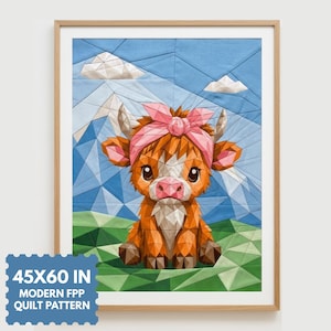 May include: A framed print featuring a geometric illustration of a Highland cow wearing a pink headband. The cow is set against a backdrop of a blue sky, white clouds, and geometric mountains. The print measures 114x152 cm.