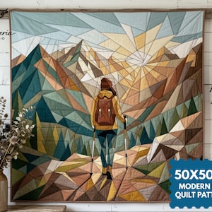 May include: A square quilt featuring a geometric mountain landscape with a hiker carrying a backpack and trekking poles. The design uses a stained-glass style with shades of teal, brown, and yellow. Text in the corner reads 50X50 IN MODERN FPP QUILT PATTERN.