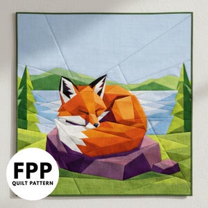 Patrón de colcha moderna "Zorro Durmiente", Fox Fpp, descarga en PDF, 91 x 91 cm, papel de base.