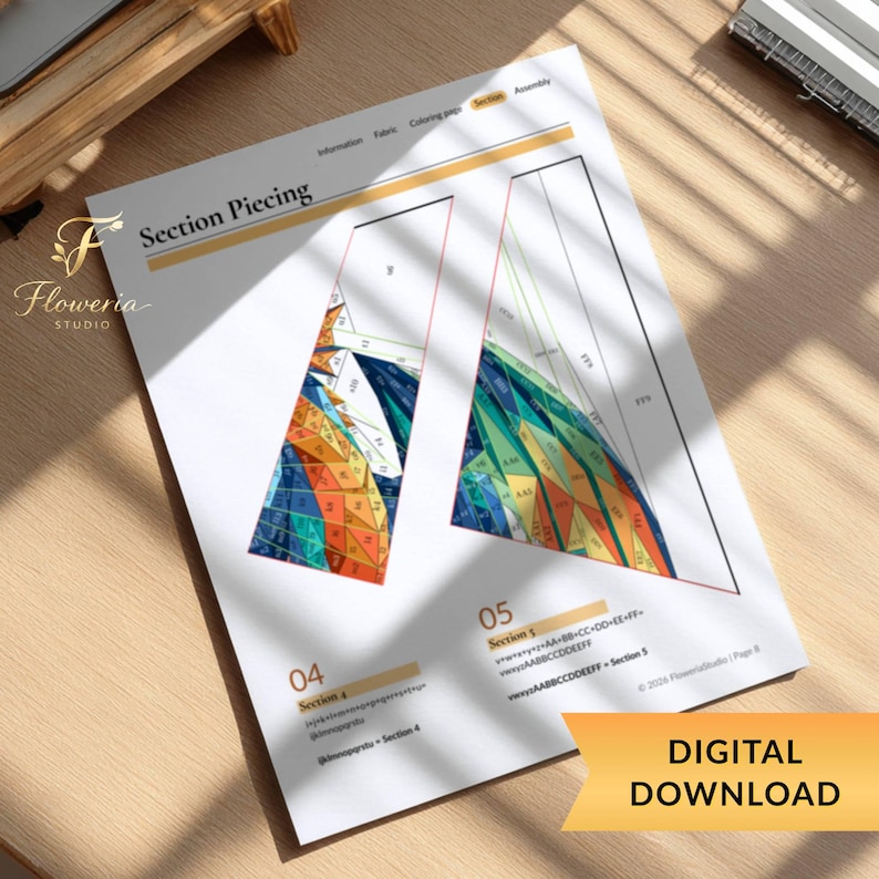 May include: A white paper document titled Section Piecing featuring two geometric shapes filled with a multicolored mosaic pattern of blue, orange, and green triangles. The page includes text labels for Section 04 and Section 05, along with a digital download banner.