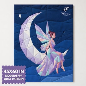 May include: A modern quilt pattern featuring a geometric fairy sitting on a crescent moon against a dark blue background. The quilt measures 45x60 inches and includes the text "Floweria Studio". The fairy is in shades of purple, pink, and blue.