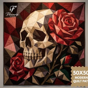 May include: A square quilt featuring a geometric, low-poly style skull design in shades of beige and grey, accented by two large red roses. The text "Floweria STUDIO" appears in the top left, and "50X50 IN MODERN FPP QUILT PATTERN" is in the bottom right.