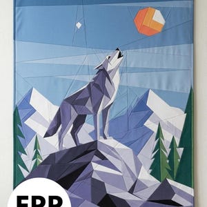 May include: Geometric quilt pattern featuring a howling wolf on a mountain, under a stylized sun and stars. The quilt uses shades of blue, purple, green, and orange. The text "FPP QUILT PATTERN" is in a white circle.