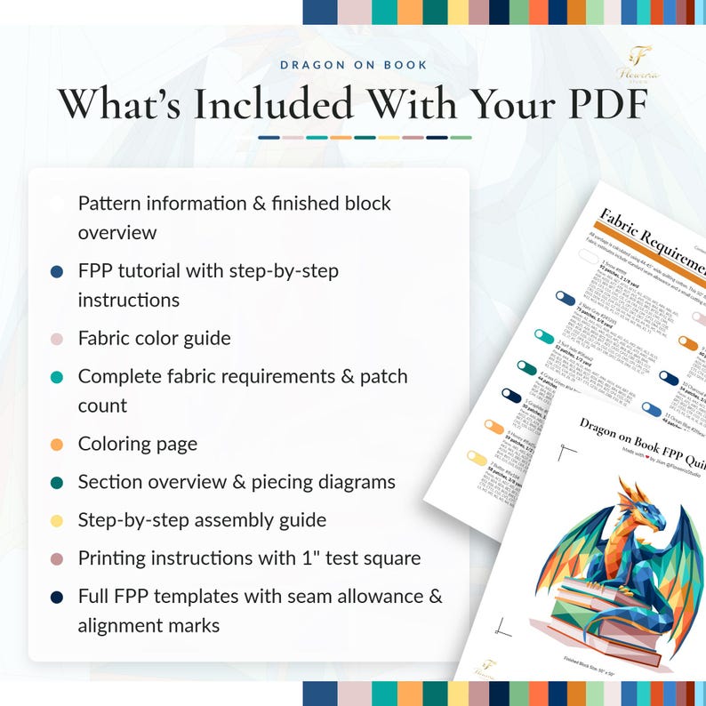 May include: A digital PDF document titled Dragon on Book, featuring a list of included contents such as an FPP tutorial, fabric color guide, requirements, patch count, coloring page, assembly guide, and templates with a 1-inch test square.