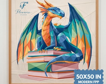 Dragon and Book Modern Quilt Pattern, Dragon FPP, Foundation Paper Piecing (PDF Download) ( 50 X 50" )