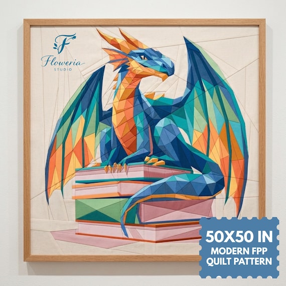 Dragon and Book Modern Quilt Pattern, Dragon FPP, Foundation Paper Piecing (PDF Download) ( 50 X 50" )