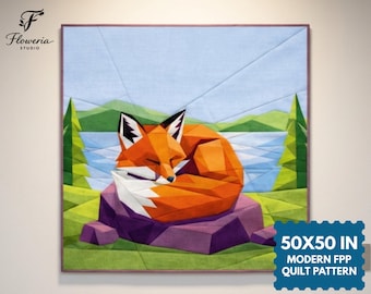 May include: A square quilt pattern featuring a geometric fox curled up on a purple rock. The background shows a light blue lake, green hills, and pine trees. The text "Floweria Studio" and "50x50 IN MODERN FPP QUILT PATTERN" are visible.