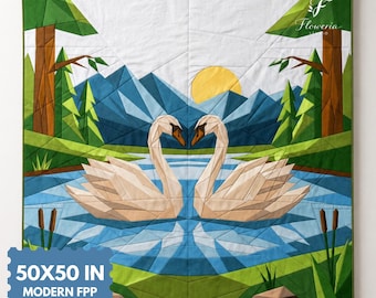 Ein Paar Schwan Moderne Quilt Anleitung, Schwan FPP, PDF Download, 130 x 130 cm, A5 Papier