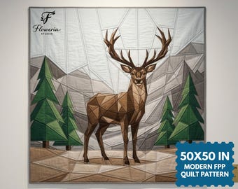 May include: A square quilt featuring a geometric deer in shades of brown standing in a landscape of green pine trees and gray mountains. The text Floweria Studio and 50X50 IN MODERN FPP QUILT PATTERN are visible on the fabric surface.