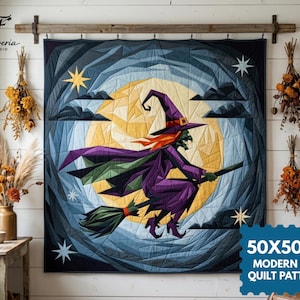 May include: A square quilt featuring a geometric design of a witch flying on a broomstick against a large yellow moon and dark blue sky. The quilt displays stars and clouds in a faceted style. Text on the image reads 50X50 IN MODERN FPP QUILT PATTERN.
