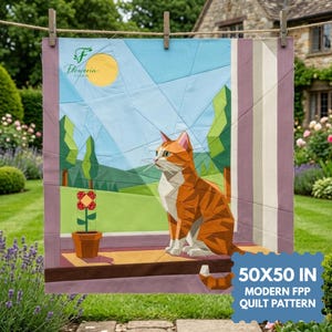 May include: A geometric quilt featuring an orange and white cat sitting in a window, with a flower pot and a sunny landscape. The quilt measures 50x50 inches. The quilt has the text "Floweria Studio" and "Modern FPP Quilt Pattern".
