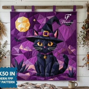 Modernt quiltmönster för Halloween-katt, Halloween-katt FPP, papperslappning för kattfundament (PDF-nedladdning) (50 x 50 tum)