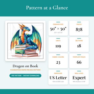 May include: A foundation paper piecing pattern titled Dragon on Book. The graphic shows a geometric dragon perched on a stack of books. Specifications include a 50" x 50" finished size, 878 pieces, 119 units, 18 sections, 23 fabric colors, 66 template pages, US Letter paper size, and an expert skill level.