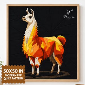 May include: A framed quilt pattern featuring a geometric llama in shades of orange, yellow, and white against a black background. The text "50X50 IN MODERN FPP QUILT PATTERN" is visible in a brown stamp, and "Floweria STUDIO" is in the top right corner.