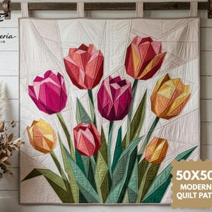 May include: A square wall hanging quilt featuring a geometric tulip bouquet in shades of red, pink, yellow, and green against a cream background. The quilt displays the text 50X50 IN MODERN FPP QUILT PATTERN and the Floweria Studio logo.