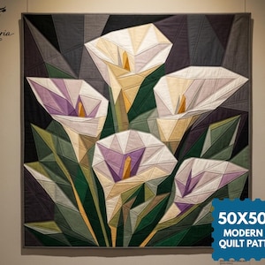 Modernt quiltmönster med callalilja, callalilja FPP, papperslappning med blomfond (PDF-nedladdning) (50 x 50 tum)
