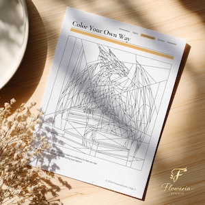 May include: A white paper sheet titled Color Your Own Way featuring a black line art geometric dragon illustration. The top header lists Information, Fabric, Coloring page, Section, and Assembly. The bottom includes copyright text and a logo.
