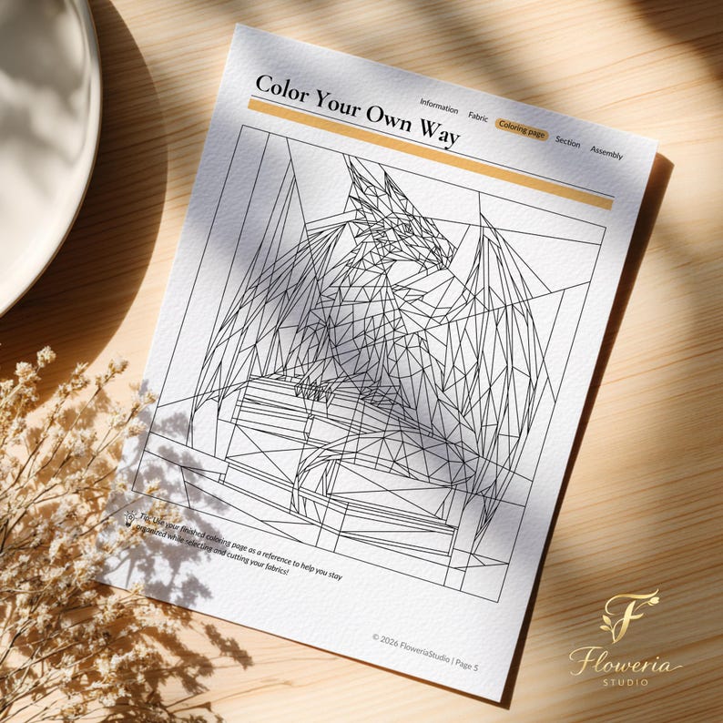 May include: A white paper sheet titled Color Your Own Way featuring a black line art geometric dragon illustration. The top header lists Information, Fabric, Coloring page, Section, and Assembly. The bottom includes copyright text and a logo.
