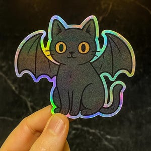 Holographic Bat Cat Sticker: Kawaii Gothic Vinyl Decal