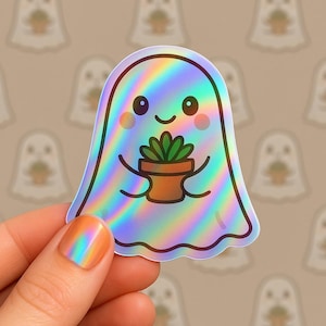 Ghost with Plant Sticker – Cute Ghost Holding Succulent Vinyl Decal – Cozy Boho Spooky Aesthetic for Laptops, Journals, Water Bottles