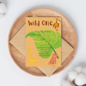 Invitación de cumpleaños de Wild One: temática de jungla safari (plantilla de descarga digital)