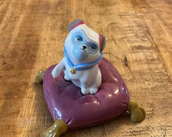 Vintage 1990s Disneyland Percy Pug Figurine, Pocahontas Dog on Purple Pillow, Bone China