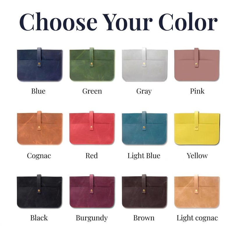 May include: A range of leather laptop sleeves in colours such as blue, green, grey, pink, cognac, red, light blue, yellow, black, burgundy, brown, and light cognac. Each sleeve features a buttoned flap closure.