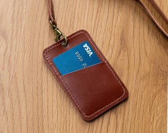 Genuine leather id card holder, Badge holder with lanyard, Id badge holder teacher, Personalized id card holder, Vertical id card holder