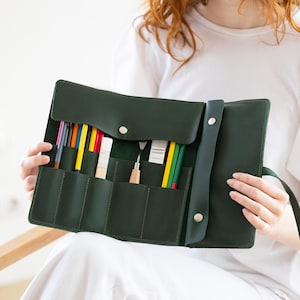 Custom leather wrap for pens and brushes, Roll-up case for drawing tools, Handmade gift for artist, Organizer for calligraphy set