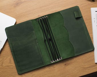 Travelers journal cover a5, Travelers notebook cover with inner pockets, 5 band notebook cover, Green notebook cover, Green journal cover