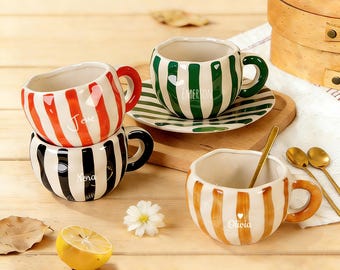 Juego de tazas de café de cerámica a rayas personalizadas de 360 ml, estilo retro, taza de espresso a rayas hecha a mano con textura ondulada, regalo familiar.
