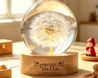 Personalized Crystal Ball Night Light, Custom Engraved 3D Glass Lamp, Dandelion LED Globe, Name Gift for Baby, Kids, Birthday, Nursery Decor