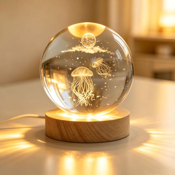 Custom Jellyfish Crystal Ball NightLight,Custom Engraved Glass Lamp,Ocean Nursery Decor,Kid Birthday Gift,Baby NightLight,Coastal Home Decor