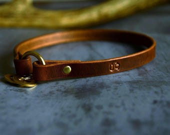 Könnte beinhalten: Ein braunes Lederhalsband für Hunde mit einem goldfarbenen Metallverschluss und Beschlägen. Das Halsband ist etwa 2 cm breit und hat ein gestempeltes Design. Das Halsband hat eine satte, warme braune Farbe.