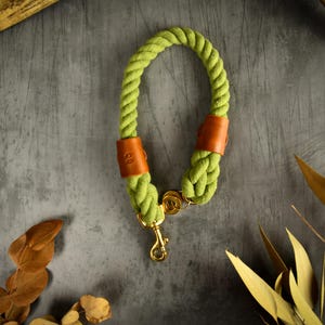 Olivgrünes Hundehalsband aus Strickseil: Handgefertigte Baumwolle mit Vollrindleder