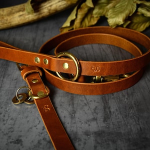 Könnte beinhalten: Eine braune Hundeleine aus Leder mit Messingbeschlägen. Die Leine ist aufgerollt und hat einen Griff, einen Karabinerhaken und ein kleines Etikett mit einer geprägten Markierung. Das Leder hat einen warmen Farbton.