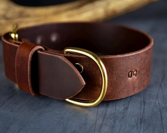 May include: A brown leather dog collar with a gold-colored buckle and hardware. The collar is thick and sturdy, with a classic design. The number "09" is stamped on the leather. This collar is designed for medium to large dogs.