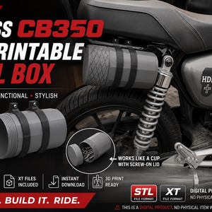 May include: A 3D printable tool box for a Honda H'ness CB350 motorcycle. The gray cylindrical container features a textured screw-on lid and black mounting straps. The digital file includes STL and XT formats for printing a functional storage unit.
