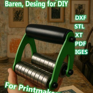 Può includere: Un baren per incisione verde e nero con due rulli argentati. Il testo sull'immagine recita "Linocut & Art Graphic Baren, Desing for DIY" e "For Printmakers". Il testo aggiuntivo include "DXF, STL, XT, PDF, IGES".