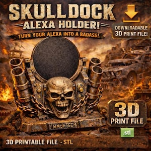 Support pour échos pop Alexa Skull Dock | Support d'enceinte de style Mad Max | Fichier d'impression 3D | Base Alexa post-apocalyptique | Téléchargement numérique