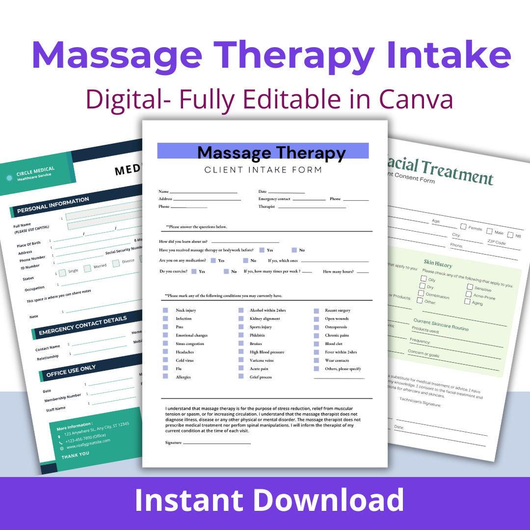 Massage Therapy Intake Form, Editable Client Consultation (PDF) - Etsy