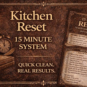 May include: A vintage-style image with the text "Kitchen Reset" and "15 Minute System." A lit candle, an antique clock, and a checklist are also visible. The image promotes a quick cleaning routine.