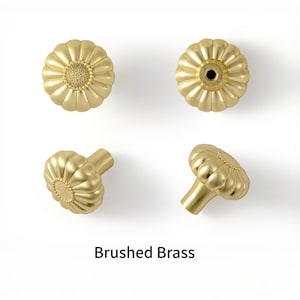 May include: Four brushed brass cabinet knobs with a scalloped, flower-like shape and a textured center. The knobs are shown from multiple angles, including front and side views, with the text Brushed Brass displayed at the bottom.
