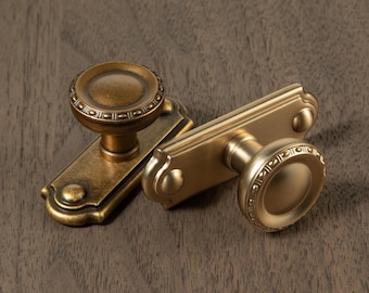 Aged Brass Cabinet Knob with Backplate/Vintage brass chest of drawers handles/Champagne bronze drawer knobs